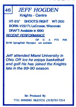 1989-90 7th Inning Sketch OHL #46 Jeff Hogden Back