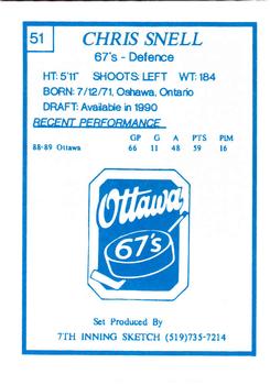 1989-90 7th Inning Sketch OHL #51 Chris Snell Back