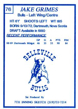1989-90 7th Inning Sketch OHL #76 Jake Grimes Back