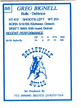 1989-90 7th Inning Sketch OHL #86 Greg Bignell Back
