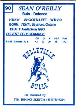 1989-90 7th Inning Sketch OHL #90 Sean O'Reilly Back