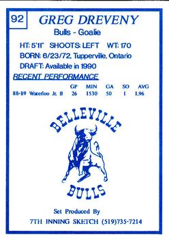 1989-90 7th Inning Sketch OHL #92 Greg Dreveny Back