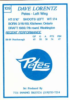 1989-90 7th Inning Sketch OHL #109 Dave Lorentz Back