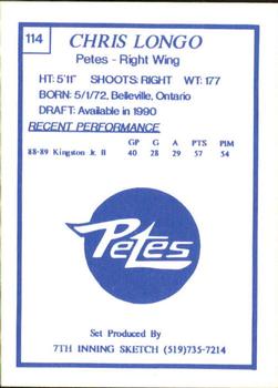 1989-90 7th Inning Sketch OHL #114 Chris Longo Back