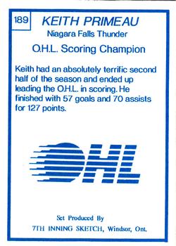 1989-90 7th Inning Sketch OHL #189 Keith Primeau Back