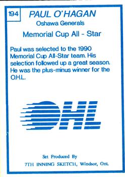 1989-90 7th Inning Sketch OHL #194 Paul O'Hagan Back