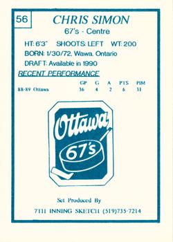1989-90 7th Inning Sketch OHL #56 Chris Simon Back
