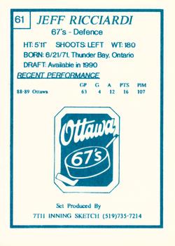 1989-90 7th Inning Sketch OHL #61 Jeff Ricciardi Back