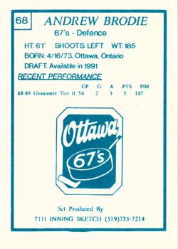 1989-90 7th Inning Sketch OHL #68 Andrew Brodie Back