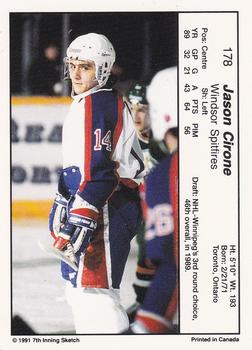 1990-91 7th Inning Sketch OHL #178 Jason Cirone Back