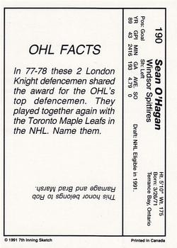 1990-91 7th Inning Sketch OHL #190 Sean O'Hagan Back