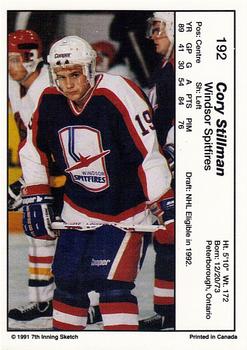 1990-91 7th Inning Sketch OHL #192 Cory Stillman Back
