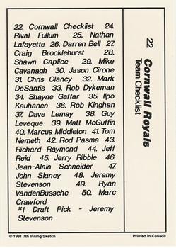 1990-91 7th Inning Sketch OHL #22 Cornwall Checklist Back