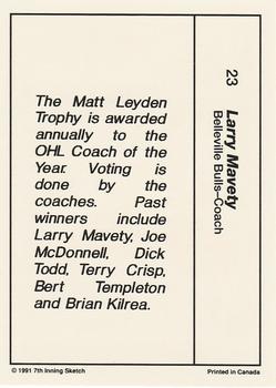 1990-91 7th Inning Sketch OHL #23 Larry Mavety Back