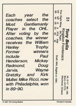 1990-91 7th Inning Sketch OHL #51 Tony Bella Back