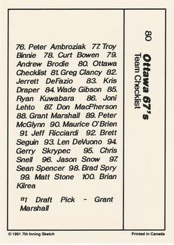 1990-91 7th Inning Sketch OHL #80 Ottawa Checklist Back