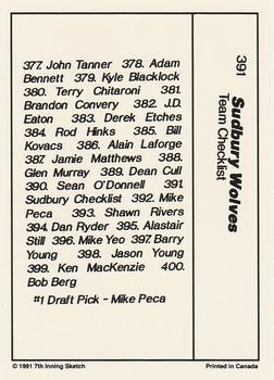 1990-91 7th Inning Sketch OHL #391 Sudbury Checklist Back