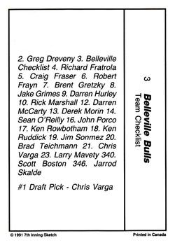 1990-91 7th Inning Sketch OHL #3 Belleville Checklist Back
