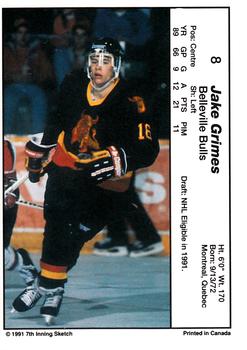 1990-91 7th Inning Sketch OHL #8 Jake Grimes Back