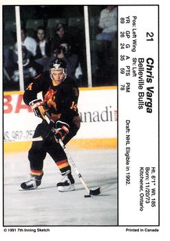 1990-91 7th Inning Sketch OHL #21 Chris Varga Back