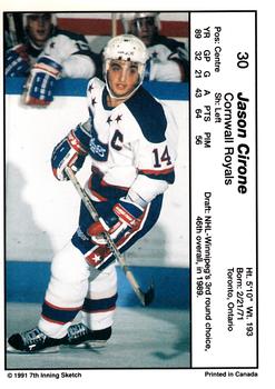 1990-91 7th Inning Sketch OHL #30 Jason Cirone Back
