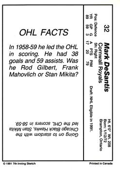 1990-91 7th Inning Sketch OHL #32 Mark DeSantis Back