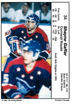 1990-91 7th Inning Sketch OHL #34 Shayne Gaffar Back