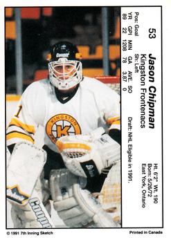 1990-91 7th Inning Sketch OHL #53 Jason Chipman Back