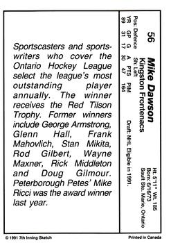1990-91 7th Inning Sketch OHL #56 Mike Dawson Back