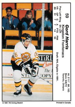 1990-91 7th Inning Sketch OHL #59 Gord Harris Back