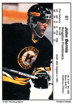 1990-91 7th Inning Sketch OHL #61 John Bernie Back