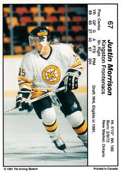 1990-91 7th Inning Sketch OHL #67 Justin Morrison Back