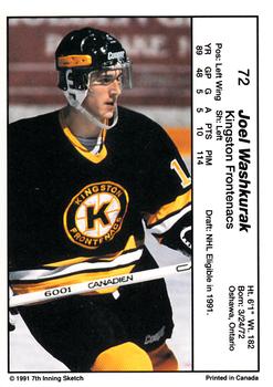 1990-91 7th Inning Sketch OHL #72 Joel Washkurak Back