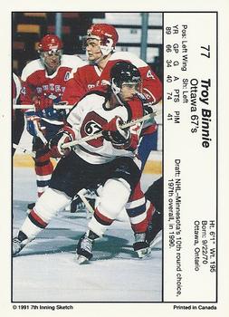 1990-91 7th Inning Sketch OHL #77 Troy Binnie Back