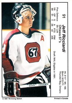 1990-91 7th Inning Sketch OHL #91 Jeff Ricciardi Back