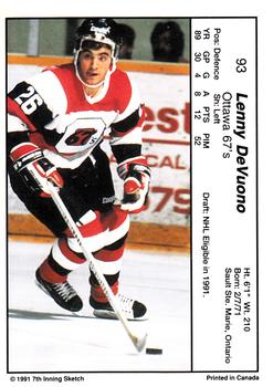 1990-91 7th Inning Sketch OHL #93 Lenny DeVuono Back