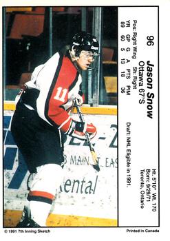 1990-91 7th Inning Sketch OHL #96 Jason Snow Back