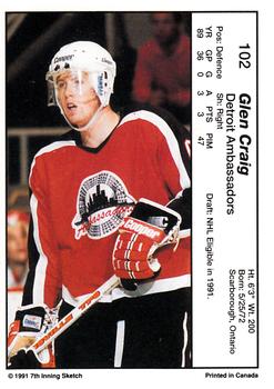 1990-91 7th Inning Sketch OHL #102 Glen Craig Back