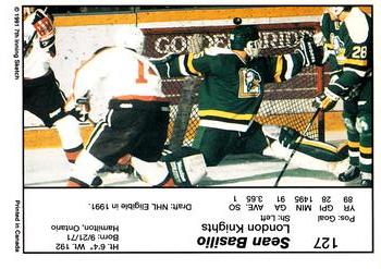 1990-91 7th Inning Sketch OHL #127 Sean Basilio Back