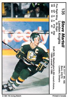 1990-91 7th Inning Sketch OHL #135 Steve Martell Back