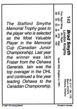 1990-91 7th Inning Sketch OHL #143 Brad Smyth Back