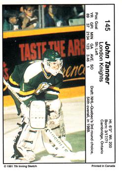 1990-91 7th Inning Sketch OHL #145 John Tanner Back