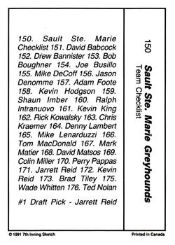 1990-91 7th Inning Sketch OHL #150 Sault Ste. Marie Checklist Back