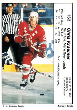 1990-91 7th Inning Sketch OHL #163 Chris Kraemer Back
