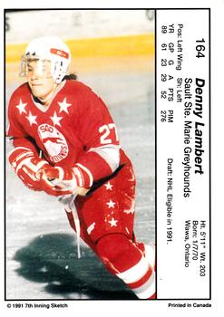 1990-91 7th Inning Sketch OHL #164 Denny Lambert Back