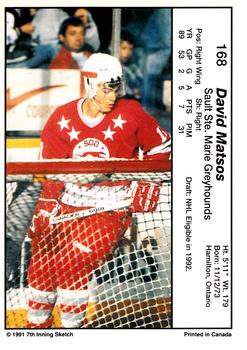 1990-91 7th Inning Sketch OHL #168 David Matsos Back