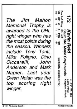 1990-91 7th Inning Sketch OHL #172 Kevin Reid Back