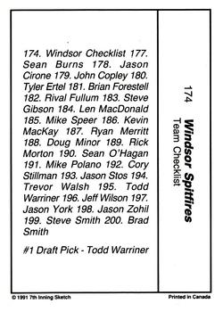 1990-91 7th Inning Sketch OHL #174 Windsor Checklist Back