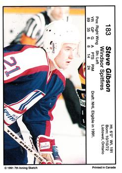 1990-91 7th Inning Sketch OHL #183 Steve Gibson Back