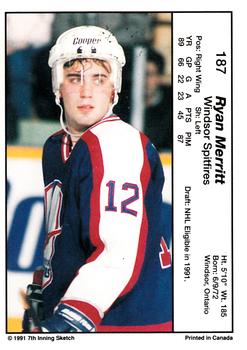 1990-91 7th Inning Sketch OHL #187 Ryan Merritt Back